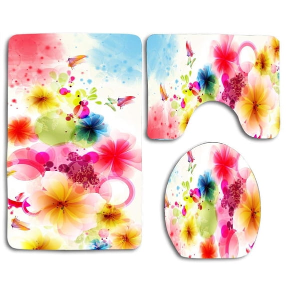 GOHAO Abstract Flowers Colorful 3 Piece Bathroom Rugs Set Bath Rug Contour Mat and Toilet Lid Cover