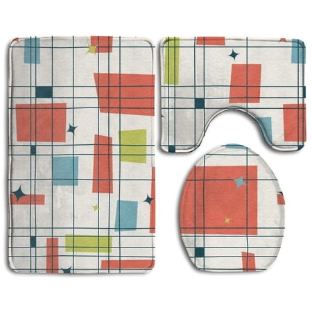 GOHAO Abstract Mid Century Modern Grid 3 Piece Bathroom Rugs Set Bath Rug Contour Mat and Toilet Lid Cover