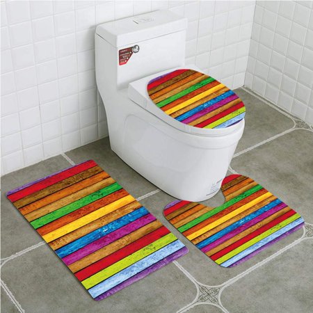 GOHAO Abstract Vibrant Painted Wood Vertical Planks as Background Cheerful Artistic 3 Piece Bathroom Rugs Set Bath Rug Contour Mat and Toilet Lid Cover