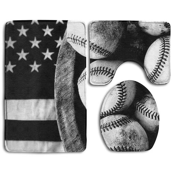 GOHAO American Baseball Flag 3 Piece Bathroom Rugs Set Bath Rug Contour Mat and Toilet Lid Cover