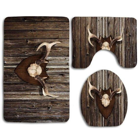 GOHAO Antler Rustic Home Cottage Cabin Wall Antlers Hunting Lodge Country House Trophy 3 Piece Bathroom Rugs Set Bath Rug Contour Mat and Toilet Lid Cover