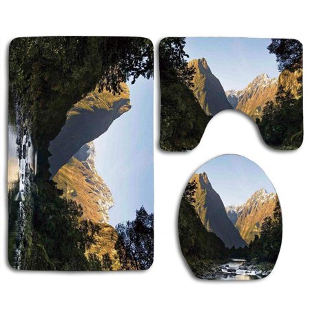 GOHAO Apartment Photo Stunning Mountains Snowy Peaks and Valley River Peace Nature 3 Piece Bathroom Rugs Set Bath Rug Contour Mat and Toilet Lid Cover