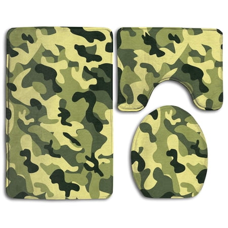 GOHAO Army Green Camo 3 Piece Bathroom Rugs Set Bath Rug Contour Mat and Toilet Lid Cover
