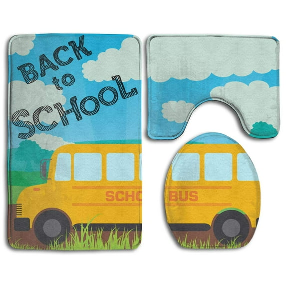 GOHAO Back to School Bus 3 Piece Bathroom Rugs Set Bath Rug Contour Mat and Toilet Lid Cover