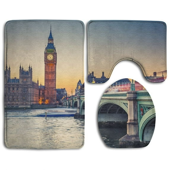 GOHAO Big Ben Westminster Bridge Dusk 3 Piece Bathroom Rugs Set Bath Rug Contour Mat and Toilet Lid Cover