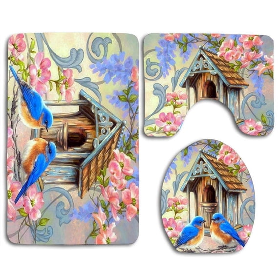 GOHAO Birds House Nature Flowers Style 3 Piece Bathroom Rugs Set Bath Rug Contour Mat and Toilet Lid Cover