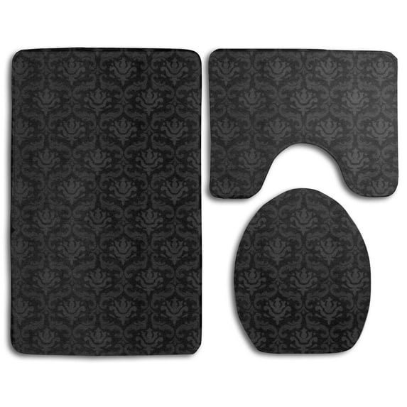 GOHAO Black Elegant Ornaments Texture 3 Piece Bathroom Rugs Set Bath Rug Contour Mat and Toilet Lid Cover