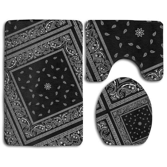 GOHAO Black Paisley Bandana 3 Piece Bathroom Rugs Set Bath Rug Contour Mat and Toilet Lid Cover