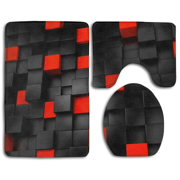 GOHAO Black Red Cube 3 Piece Bathroom Rugs Set Bath Rug Contour Mat and Toilet Lid Cover