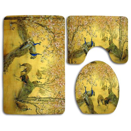GOHAO Blossom Tree Peacocks Birds 3 Piece Bathroom Rugs Set Bath Rug Contour Mat and Toilet Lid Cover