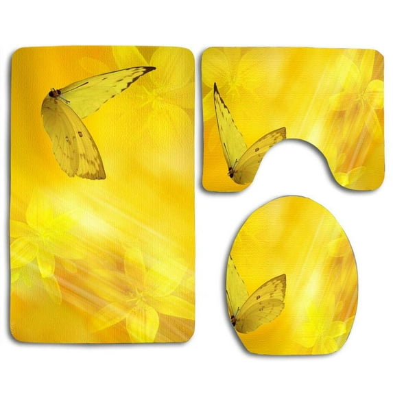 GOHAO Butter Yellow Floral 3 Piece Bathroom Rugs Set Bath Rug Contour Mat and Toilet Lid Cover