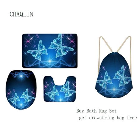 GOHAO Butterfly Blue 3 Piece Bathroom Rugs Set Bath Rug Contour Mat and Toilet Lid Cover