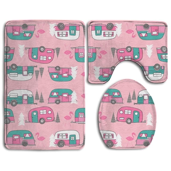 GOHAO Camper Pink Retro Flamingo 3 Piece Bathroom Rugs Set Bath Rug Contour Mat and Toilet Lid Cover