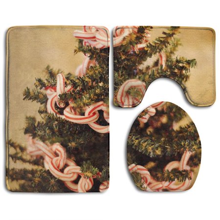 GOHAO Candy Cane 3 Piece Bathroom Rugs Set Bath Rug Contour Mat and Toilet Lid Cover