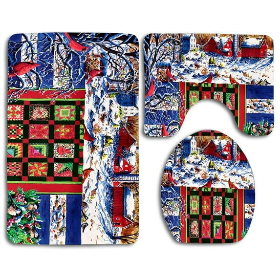 GOHAO Cardinals Winter Quilt Birds 3 Piece Bathroom Rugs Set Bath Rug Contour Mat and Toilet Lid Cover