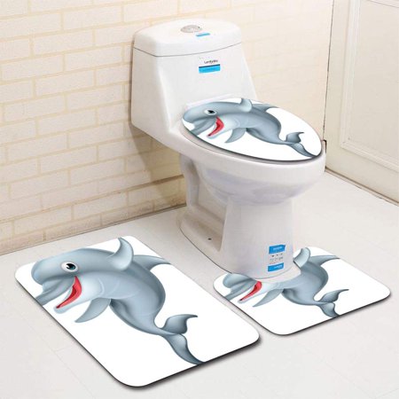 GOHAO Cartoon Dolphin 3 Piece Bathroom Rugs Set Bath Rug Contour Mat and Toilet Lid Cover