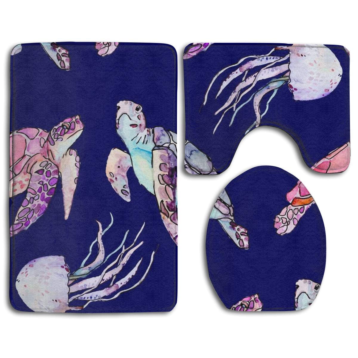 GOHAO Cartoon Sea Turtle Jellyfish 3 Piece Bathroom Rugs Set Bath Rug