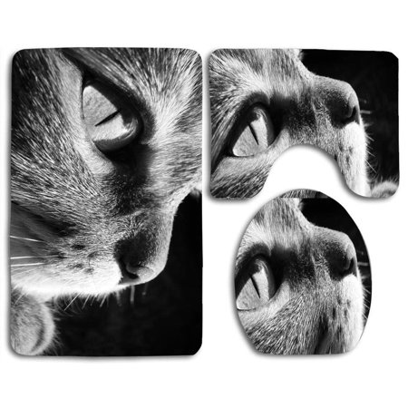 GOHAO Cat Close Up BW 3 Piece Bathroom Rugs Set Bath Rug Contour Mat and Toilet Lid Cover