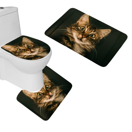 GOHAO Cat Pleased Muzzle 3 Piece Bathroom Rugs Set Bath Rug Contour Mat and Toilet Lid Cover