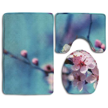 GOHAO Cherry Blossom Flowers Pographys 3 Piece Bathroom Rugs Set Bath Rug Contour Mat and Toilet Lid Cover