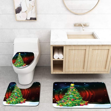 GOHAO Christmas Colorful Funny Decorated Xmas Tree Abstract Backdrop Stars Presents Cartoon 3 Piece Bathroom Rugs Set Bath Rug Contour Mat and Toilet Lid Cover
