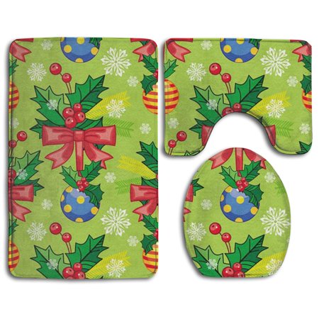 GOHAO Christmas Ribbon Knot and Balls 3 Piece Bathroom Rugs Set Bath Rug Contour Mat and Toilet Lid Cover