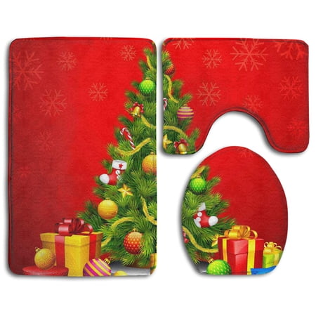 GOHAO Christmas Tree Gifts Red 3 Piece Bathroom Rugs Set Bath Rug Contour Mat and Toilet Lid Cover