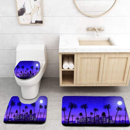 GOHAO City Skyline Silhouette at Night 3 Piece Bathroom Rugs Set Bath Rug Contour Mat and Toilet Lid Cover