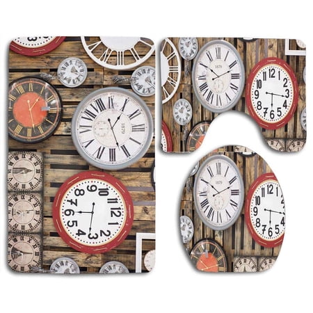 GOHAO Clock Antique Clocks on Wall Instruments Time Vintage 3 Piece Bathroom Rugs Set Bath Rug Contour Mat and Toilet Lid Cover
