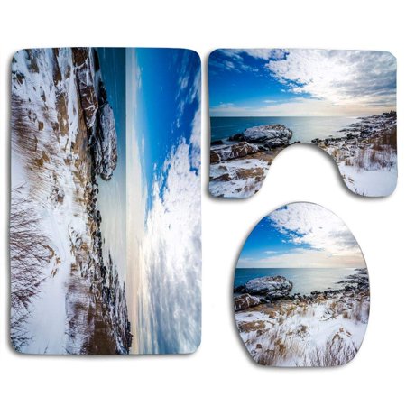 GOHAO Coast in Winter Snow Sea 3 Piece Bathroom Rugs Set Bath Rug Contour Mat and Toilet Lid Cover