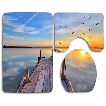 GOHAO Coastal Jetty 3 Piece Bathroom Rugs Set Bath Rug Contour Mat and Toilet Lid Cover