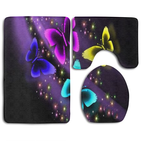 GOHAO Color Butterfly 3 Piece Bathroom Rugs Set Bath Rug Contour Mat and Toilet Lid Cover
