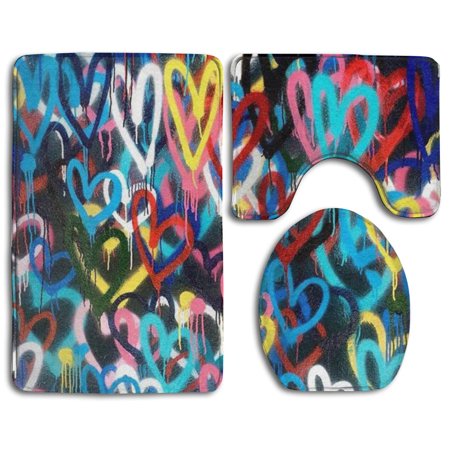 GOHAO Color Heart Collection 3 Piece Bathroom Rugs Set Bath Rug Contour Mat and Toilet Lid Cover