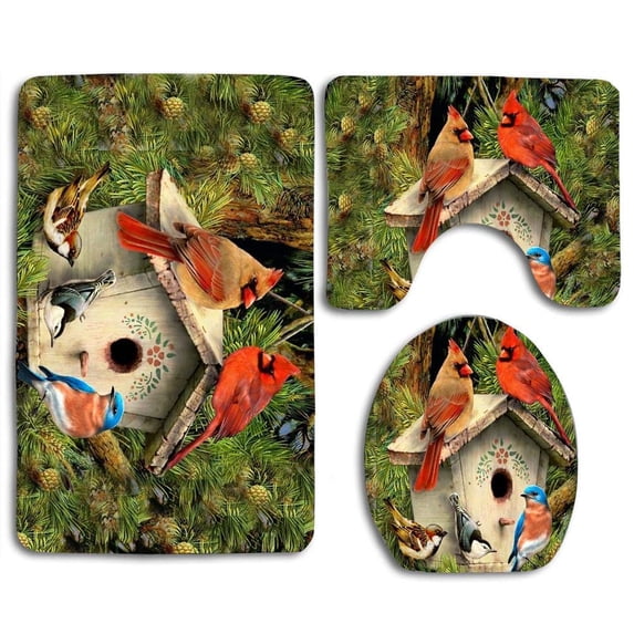 GOHAO Colorful Birds Birdhouse 3 Piece Bathroom Rugs Set Bath Rug Contour Mat and Toilet Lid Cover