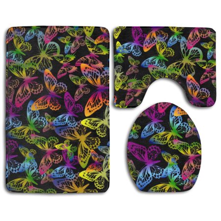 GOHAO Colorful Butterflies 3 Piece Bathroom Rugs Set Bath Rug Contour Mat and Toilet Lid Cover