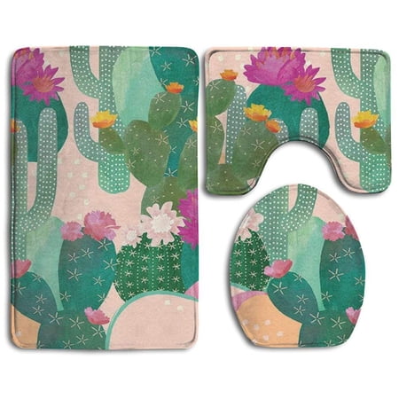 GOHAO Colorful Cactus 3 Piece Bathroom Rugs Set Bath Rug Contour Mat and Toilet Lid Cover