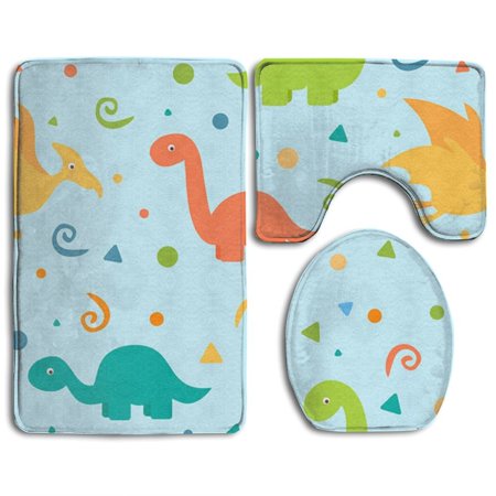 GOHAO Colorful Cute Dinosaur 3 Piece Bathroom Rugs Set Bath Rug Contour Mat and Toilet Lid Cover