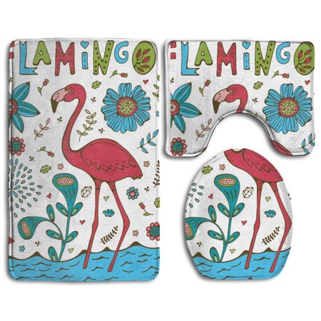 GOHAO Colorful Flamingo1 3 Piece Bathroom Rugs Set Bath Rug Contour Mat and Toilet Lid Cover