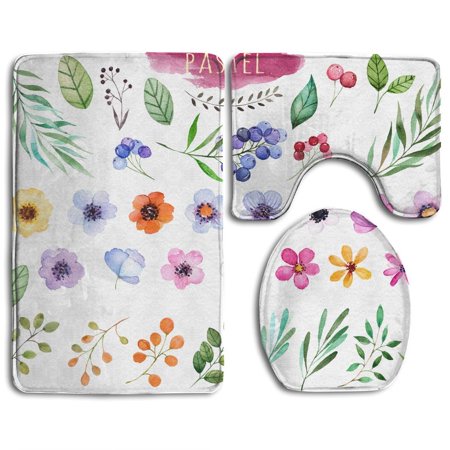 GOHAO Colorful Floral Collection Multicolo Flowers Leaves Branches Berries More Colorful 3 Piece Bathroom Rugs Set Bath Rug Contour Mat and Toilet Lid Cover