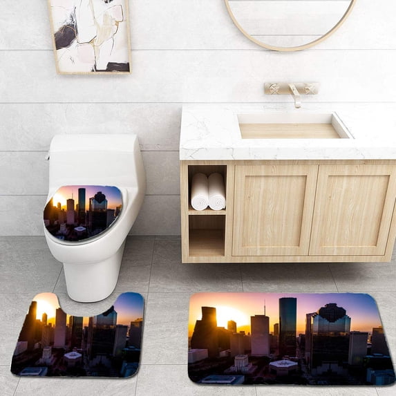 GOHAO Colorful Houston Texas Brilliant Sunrise displays Skyline Cityscape in Glory 3 Piece Bathroom Rugs Set Bath Rug Contour Mat and Toilet Lid Cover