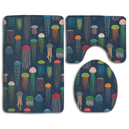 GOHAO Colorful Jellyfish 3 Piece Bathroom Rugs Set Bath Rug Contour Mat and Toilet Lid Cover