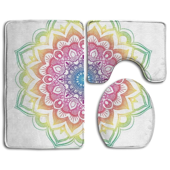 GOHAO Colorful Mandala 3 Piece Bathroom Rugs Set Bath Rug Contour Mat and Toilet Lid Cover
