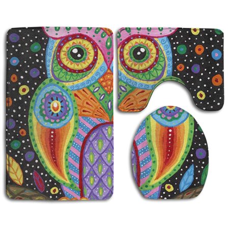 GOHAO Colorful Owl 3 Piece Bathroom Rugs Set Bath Rug Contour Mat and Toilet Lid Cover