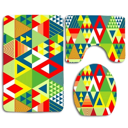 GOHAO Colorful Textured Triangles 3 Piece Bathroom Rugs Set Bath Rug Contour Mat and Toilet Lid Cover