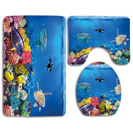 GOHAO Colorful Underwater World Coral Reef 3 Piece Bathroom Rugs Set Bath Rug Contour Mat and Toilet Lid Cover
