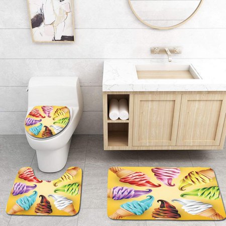 GOHAO Colorful ice Cream Cone Different Flavors clippingmask Crop 3 Piece Bathroom Rugs Set Bath Rug Contour Mat and Toilet Lid Cover