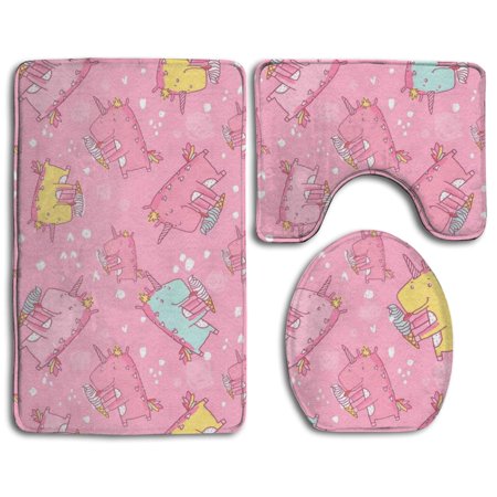 GOHAO Coloured Unicorns 3 Piece Bathroom Rugs Set Bath Rug Contour Mat and Toilet Lid Cover