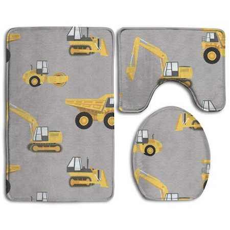 GOHAO Construction Trucks 3 Piece Bathroom Rugs Set Bath Rug Contour Mat and Toilet Lid Cover
