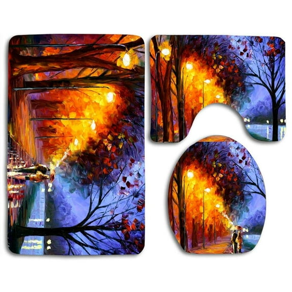 GOHAO Contrast Street Painting 3 Piece Bathroom Rugs Set Bath Rug Contour Mat and Toilet Lid Cover