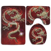 GOHAO Cool Dragon Red 3 Piece Bathroom Rugs Set Bath Rug Contour Mat and Toilet Lid Cover